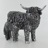 Highland Cow & Calf Sculpture In Antique Silver Finish 39944
