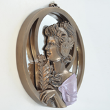 Art Nouveau Art Deco Lady Mirror Looking Left In Purple Dress Holding Leaf Wall Hanging Elegant Decor
