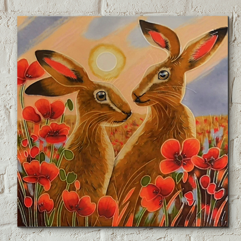 Sharing Sundown Hares Decorative Ceramic Tile by Judith Yates