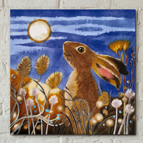 Misty Moon Hare by Judith Yates Ceramic Picture Tile Wall Decor Pipelined Art