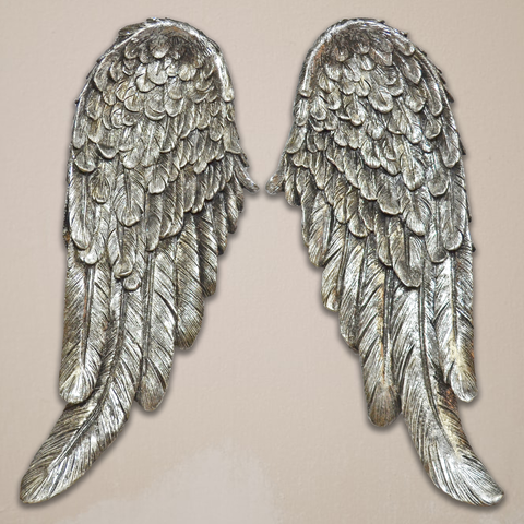 Pair of Silver Wall Hanging Feathered Angel Wings Decorative Wall Plaques