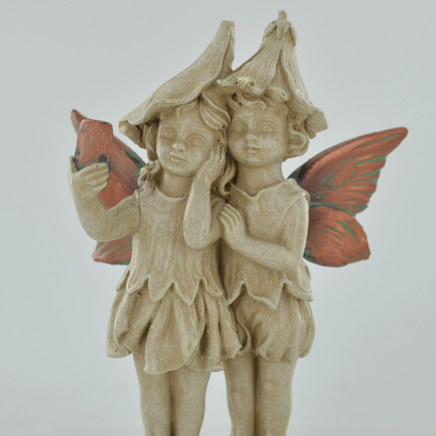 Forest Fairy Couple Copper Winged White Sculpture Figurine Art Deco Girl Garden Home Decor Gift H19cm