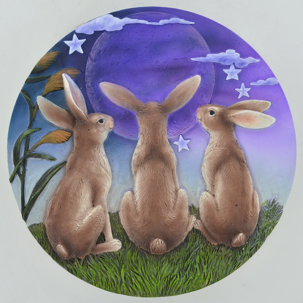 Three Moongazing Hares On Hilltop With Night Sky On Plaque