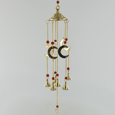 Triple Moon Red Beads Brass Windchime - Celtic Symbol Hanging Chime