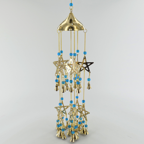 Pentagram Blue Beads Brass Windchime - Celtic Symbol Hanging Chime