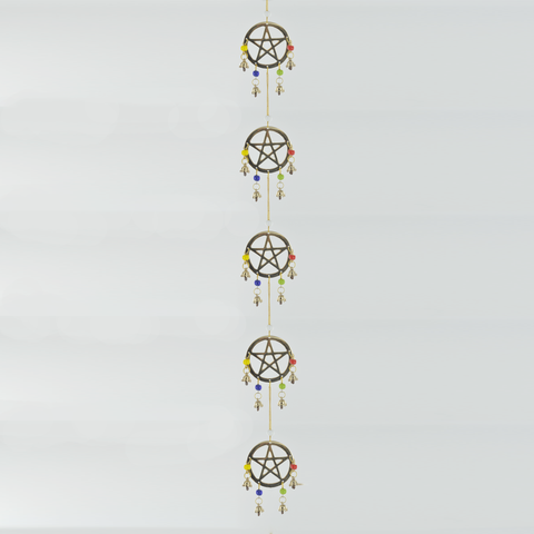 Pentagram Coloured Beads Brass Windchime - Celtic Symbol Hanging Chime