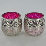 Silver & Pink Glass & Brass Speckled Votive Tea Light Holder - Set of 2