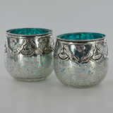 Silver & Turquoise Glass & Brass Speckled Votive Tea Light Holder - Set of 2