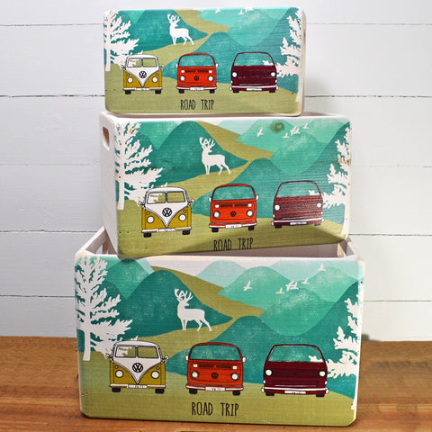 VW Campervan Road Trip Retro Wooden Crate Set - Prezents.com