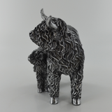 Highland Cow & Calf Sculpture In Antique Silver Finish 39944
