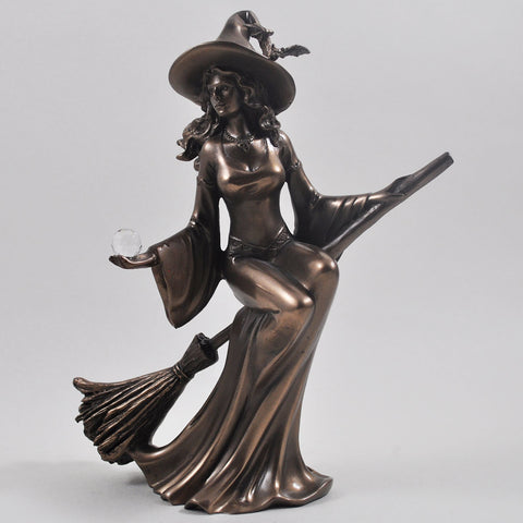 Witch Riding Broom, Magic Style Cold Cast Bronze Sculpture - Prezents.com