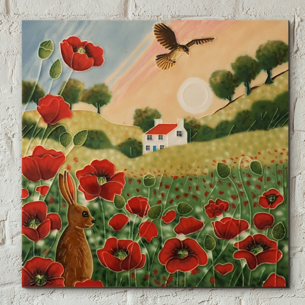 Poppy Meadow Sunset Decorative Ceramic Tile by Judith Yates