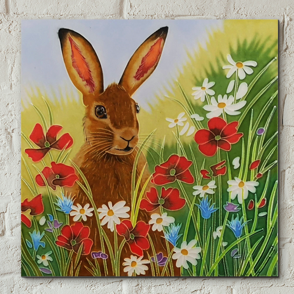 Hare In Flowers Decorative Ceramic Tile by Judith Yates