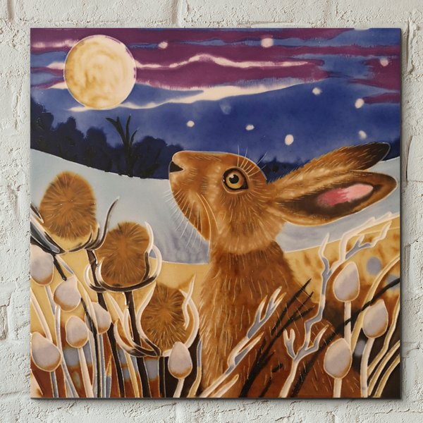 Moon Gazing Hare Decorative Ceramic Tile by Judith Yates