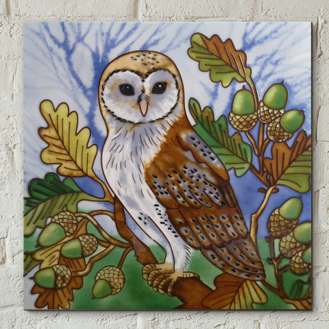 Owl in Oak Tree Decorative Ceramic Tile by Judith Yates