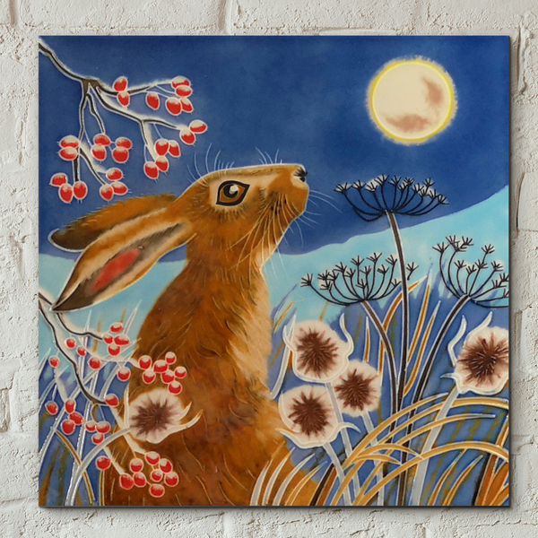 Frost Moon Hare Decorative Ceramic Tile by Judith Yates