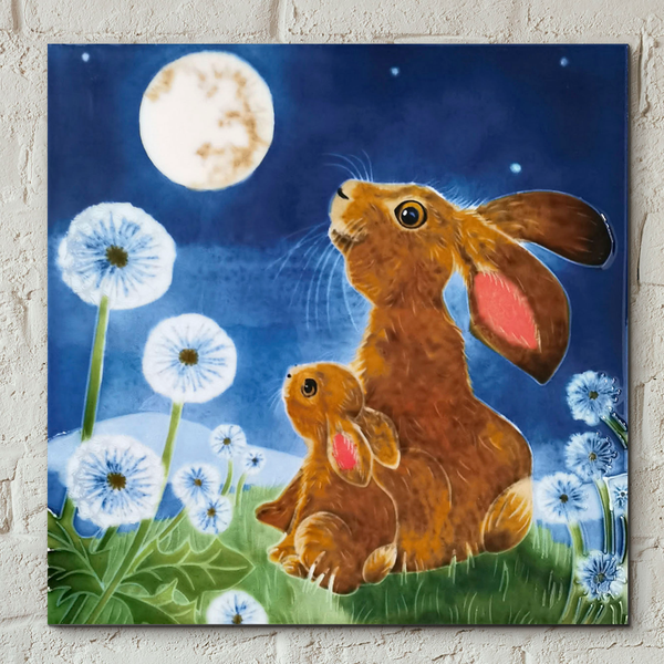 Moonbathing Hare by Judith Yates Ceramic Picture Tile Wall Decor Pipelined Art