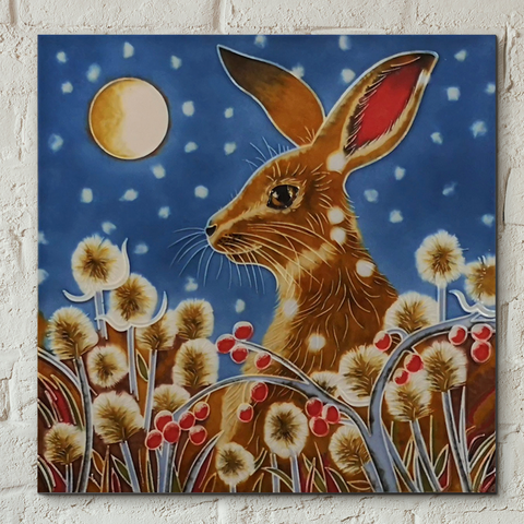 Autumn Frost Hare Decorative Ceramic Tile By Judith Yates 8x8 inches