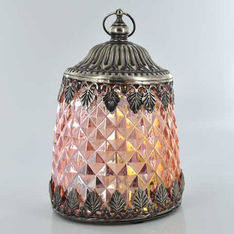 LED Smokey Pink Moroccan Style Glass Battery Powered Lantern Home Decor Christmas 24493