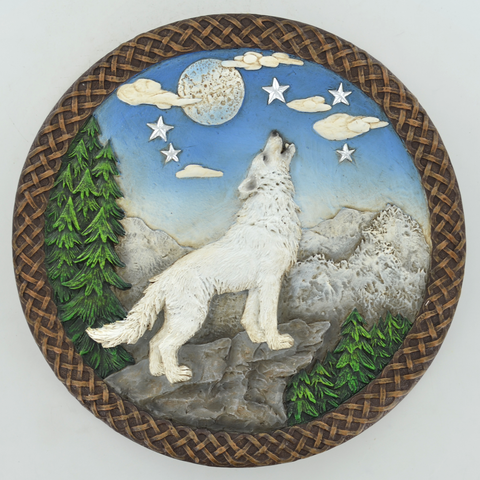 White Wolf On Mountain Howling Into Moon Round Plaque