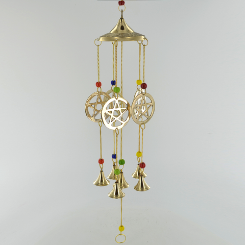 Pentagram Coloured Beads Brass Windchime - Celtic Symbol Hanging Chime