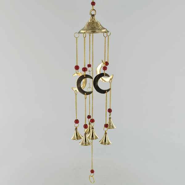 Triple Moon Red Beads Brass Windchime - Celtic Symbol Hanging Chime