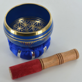 Flower of Life - Blue Metal Singing Bowl With Cushion & Mallet H6cm