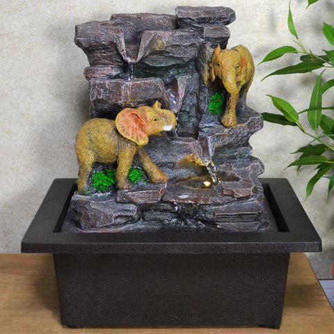 Indoor Water Fountain Stone Look & Elephants With LED Light - Prezents.com