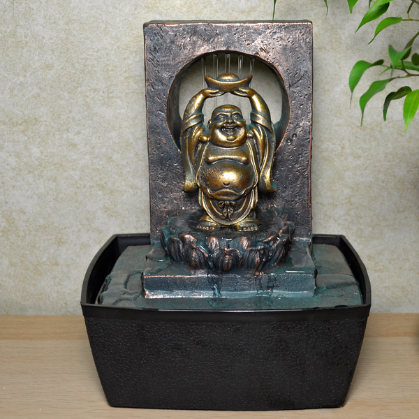 Indoor Water Fountain Verdigris Happy Buddha With LED Light