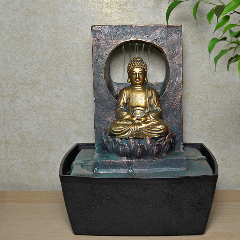 Indoor Water Fountain Verdigris Sitting Buddha With LED Light