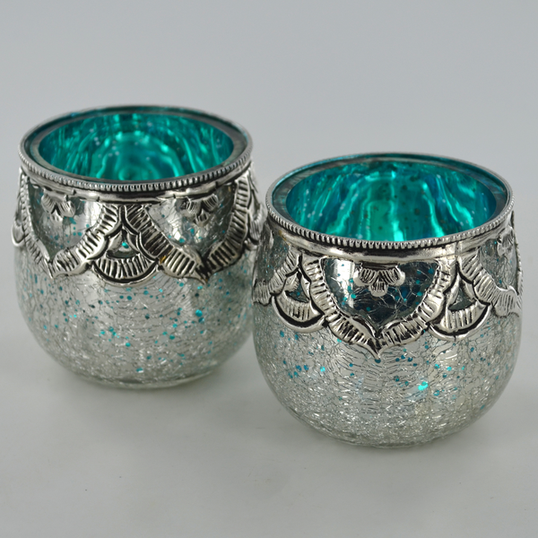 Silver & Turquoise Glass & Brass Speckled Votive Tea Light Holder - Set of 2